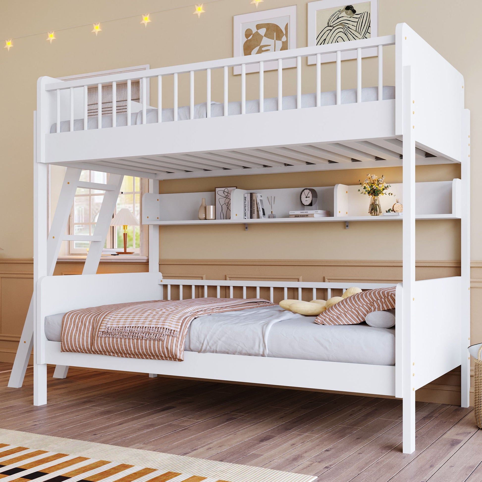 Bunk Bed With 3 Storage Shelves, Adjustable Ladder Left Or Right