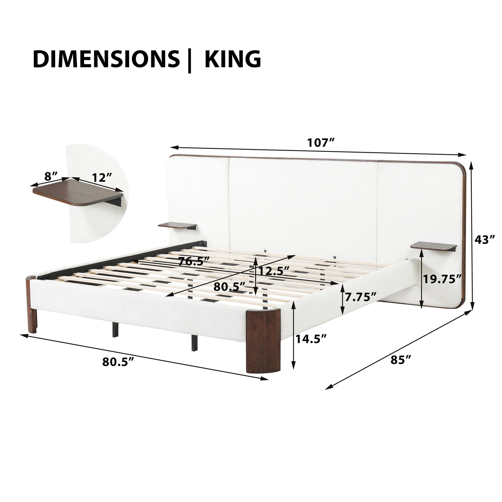 King Upholstered Platform Bed Frame With Curved Headboard, Built-In Floating Shelves, Wood Slats And Metal Support - White & Brown