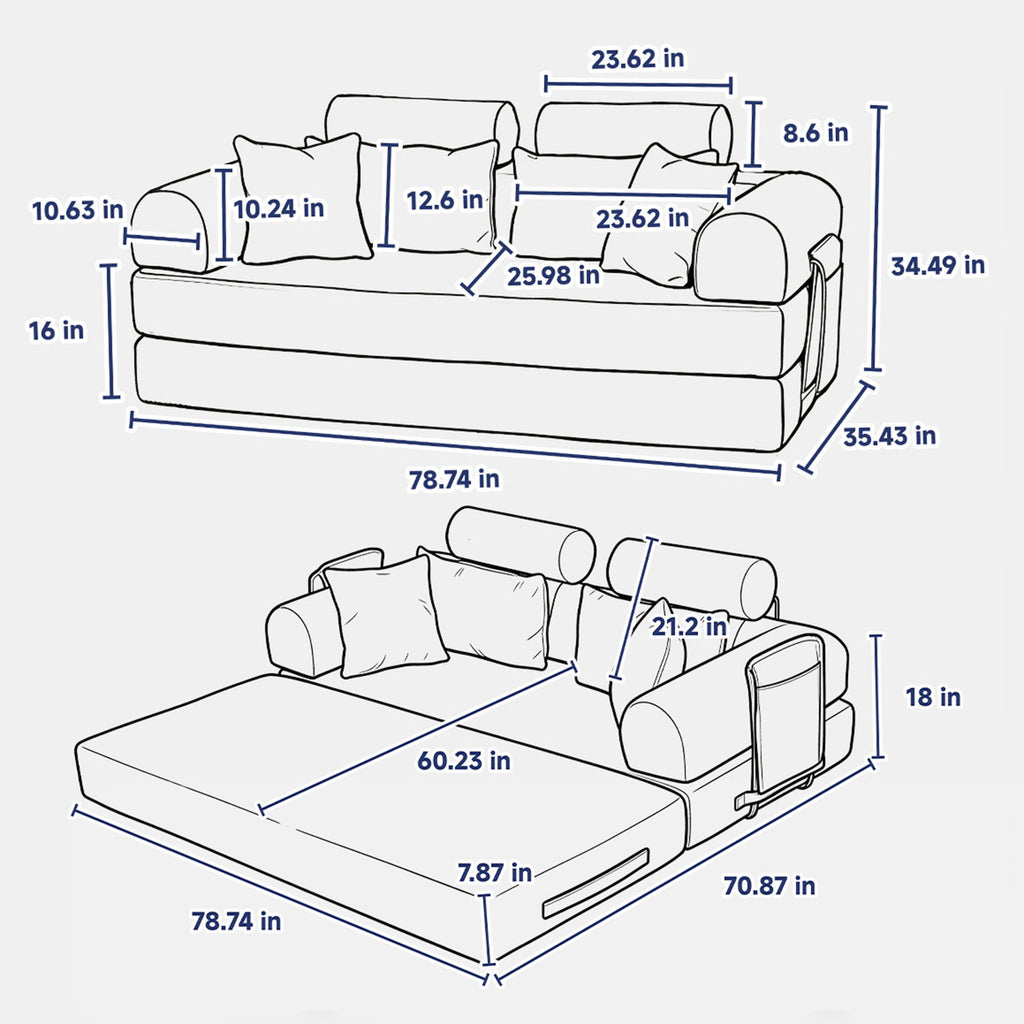 Convertible Sleeper Sofa Bed With High Density Compressed Sponge, Upholstered Couch For Living Room