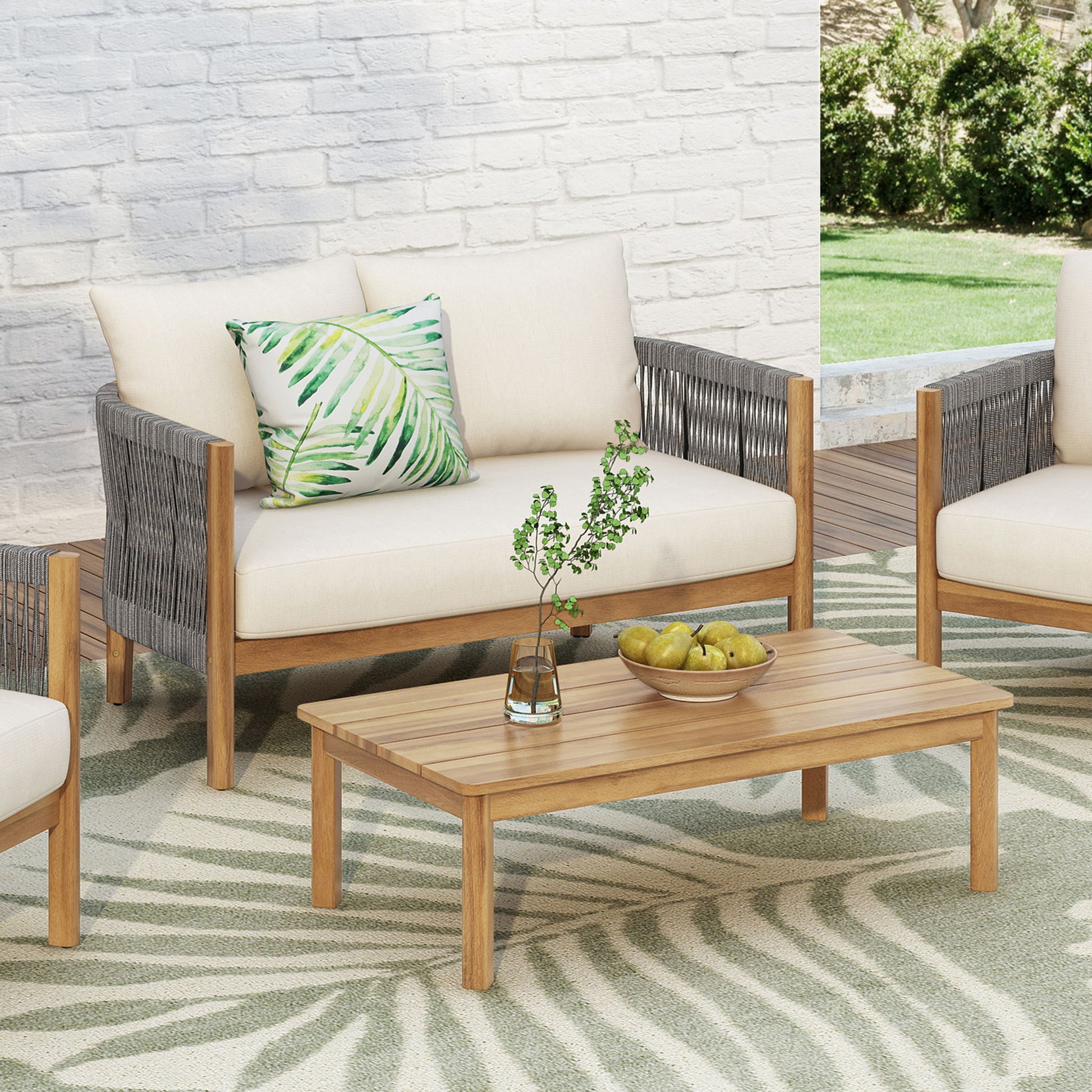 2 Pieces Outdoor Acacia Furniture Set, Woven Rope Outdoor Patio Loveseat, 2 Seat Deep Seating Group With Cushions And Coffee Table For Porch - Teak / Gray / Beige