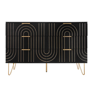 Modern 6 Drawer Dresser, Modern Dresser With Metal Handles, Storage Chest Of Drawer, Wide Dresser Drawer Organizers With Carving Design For Bedroom, Living Room, Hallway - Black