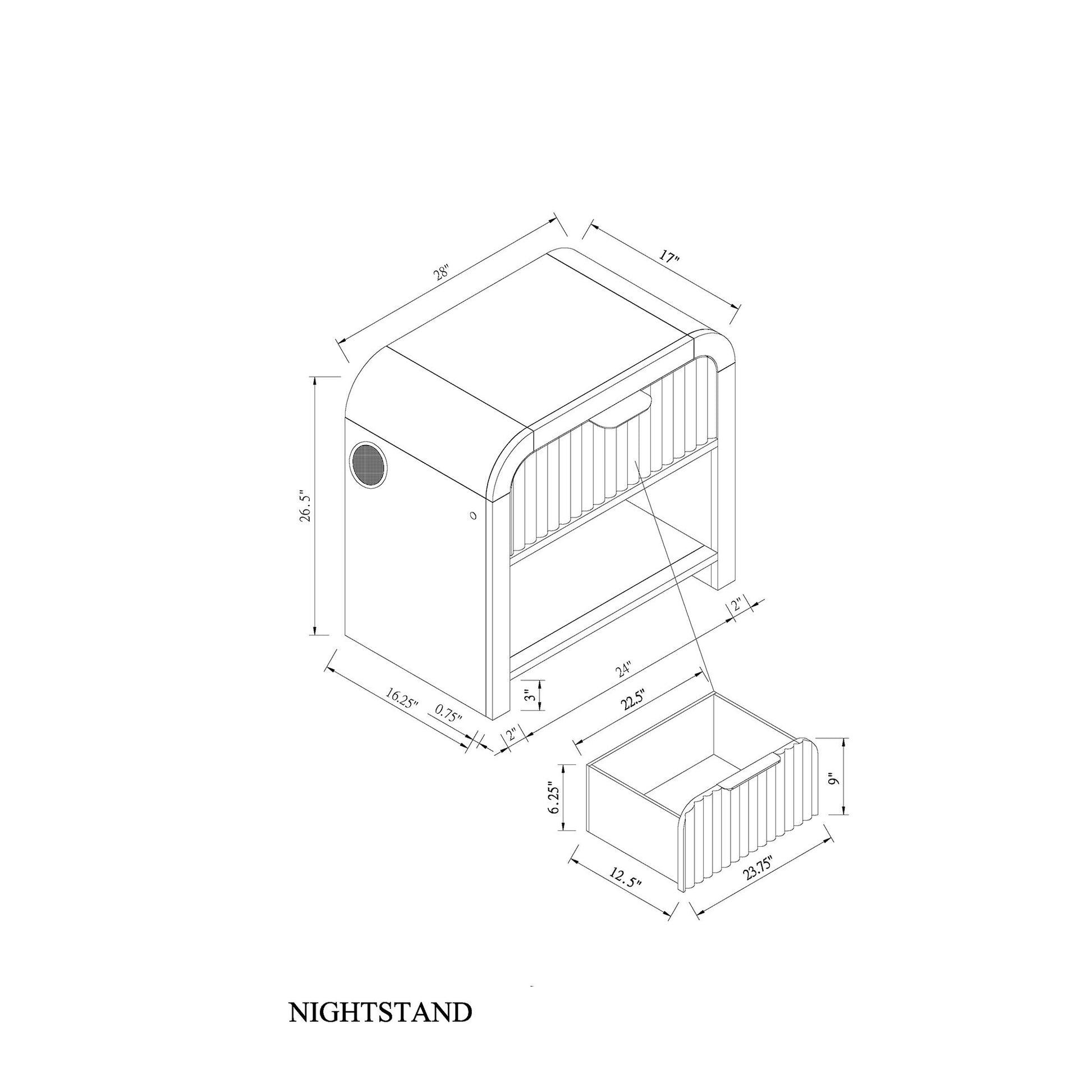 Beverly - Nightstand With Speakers, Rounded Sides - Black White