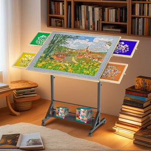 360 Degree Tilting Wooden Puzzle Table With 1500 Pieces, Rolling Design With Adjustable Height, Drawer, And Protective Cover - Black / Natural Wood
