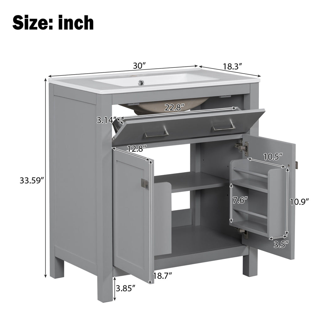 Bathroom Vanity With Ceramic Sink, Modern Single Bathroom Cabinet With 2 Doors And A Shelf, Soft Close Doors