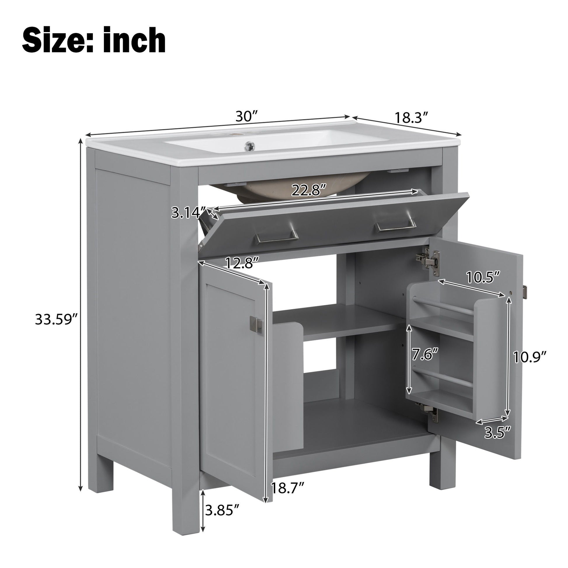 Bathroom Vanity With Ceramic Sink, Modern Single Bathroom Cabinet With 2 Doors And A Shelf, Soft Close Doors
