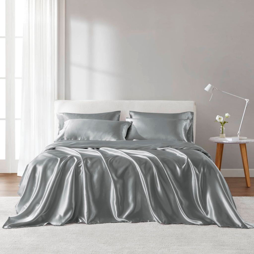 Satin - California King Wrinkle - Free Luxurious 6 Piece Sheet Set - Gray