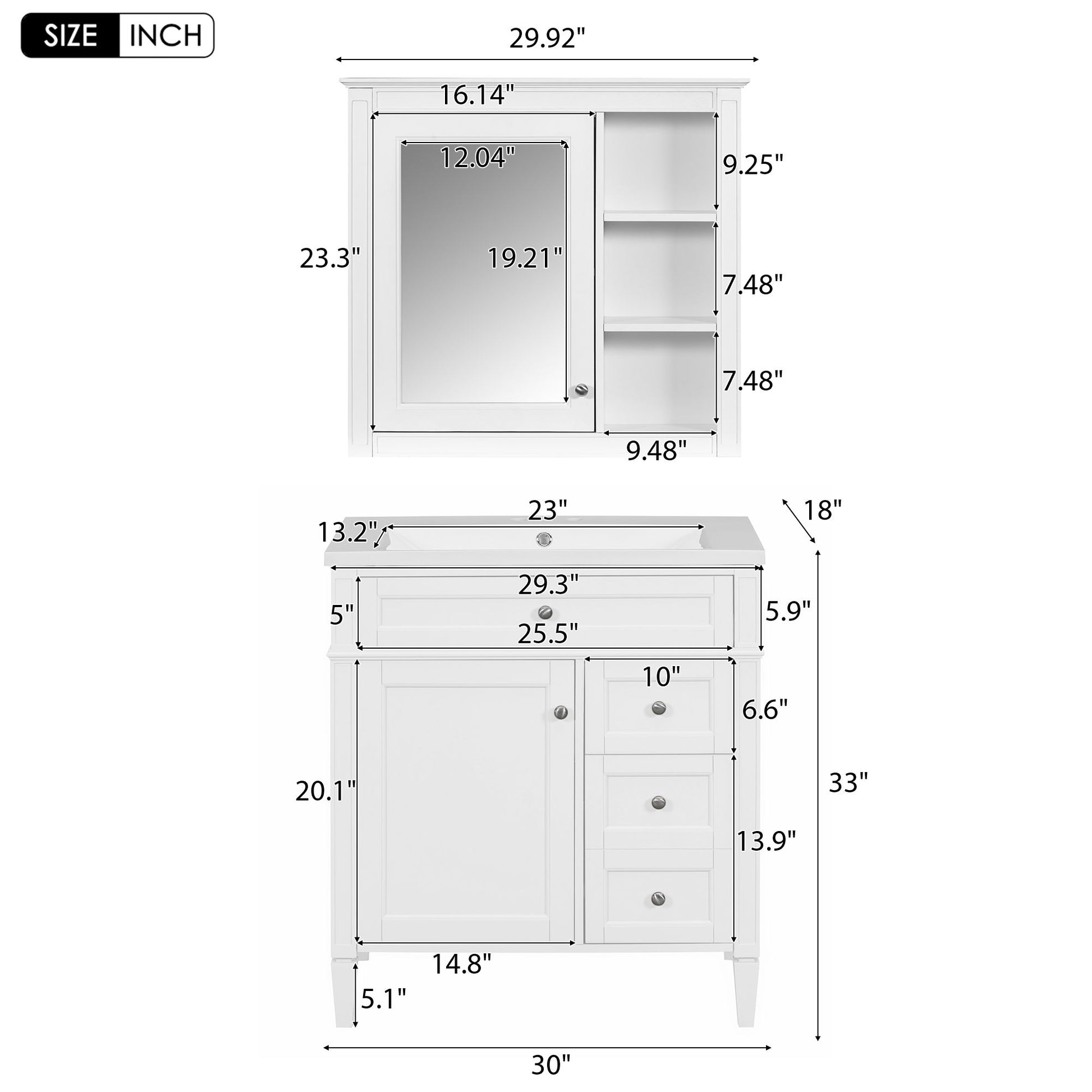 Bathroom Vanity With Top Sink, Storage Cabinet With 2 Drawers And Tip Out Drawer, Freestanding Set With Mirror Cabinet