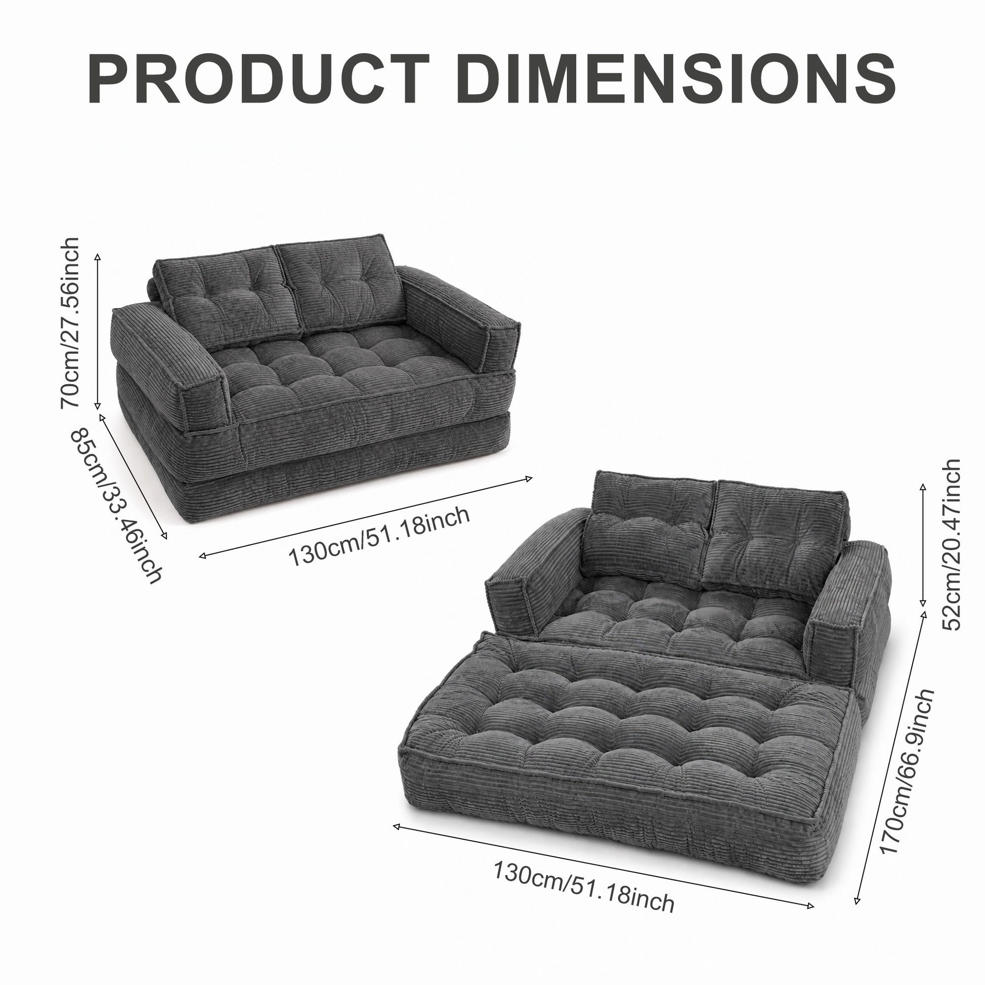 2 Seater Modular Corduroy Sofa With Chaise Lounge For Living Room