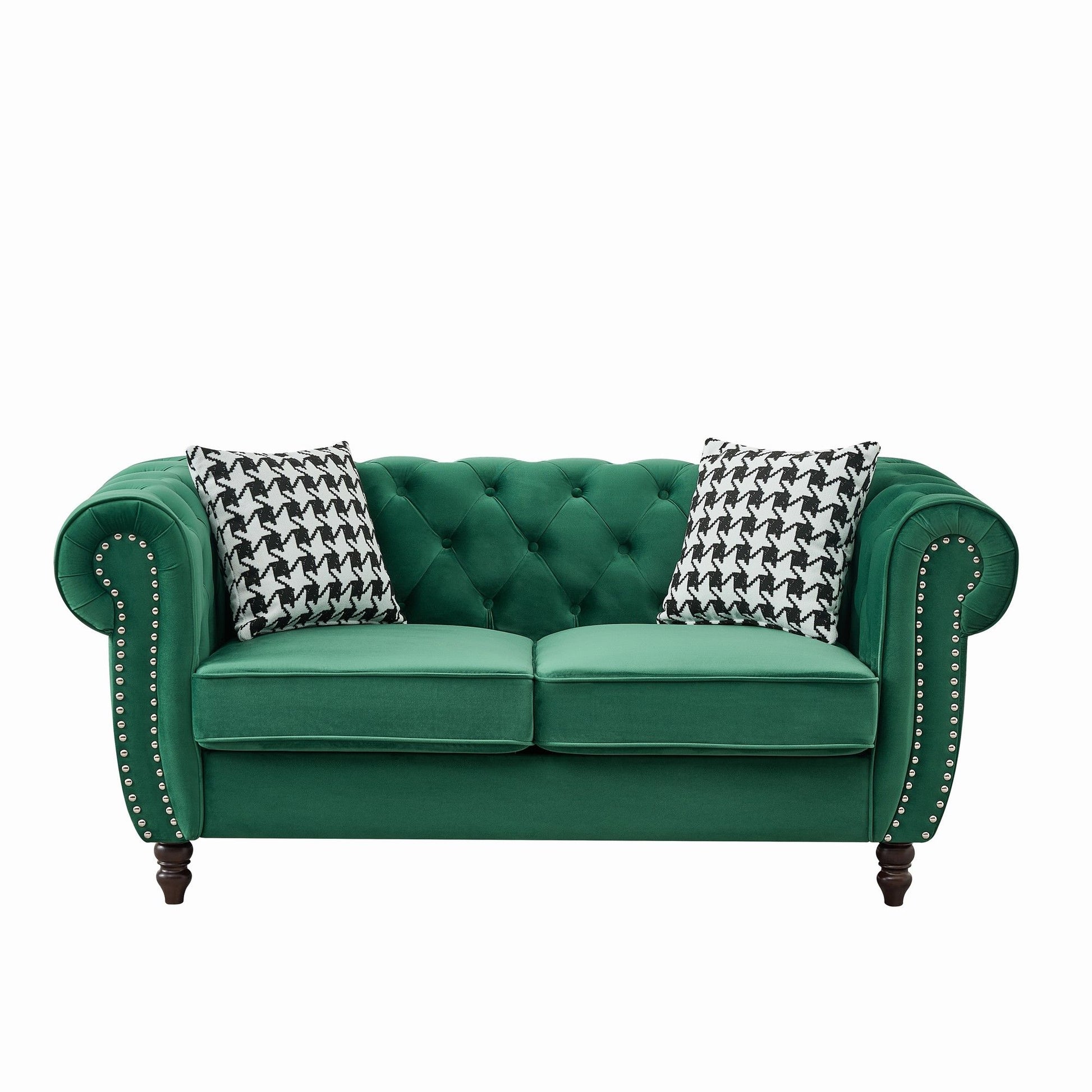 Chesterfield Velvet Fabric Sofa With Roll Armrest And Nailhead, Mid Century 2 Seater Couch