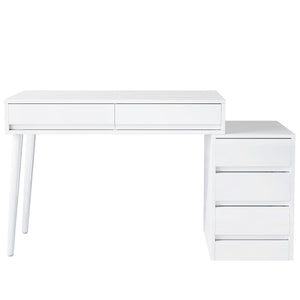 Glossy Desk With 5 Drawers & Printer Stand, Reversible Home Office Computer And Vanity Table For Small Spaces - White