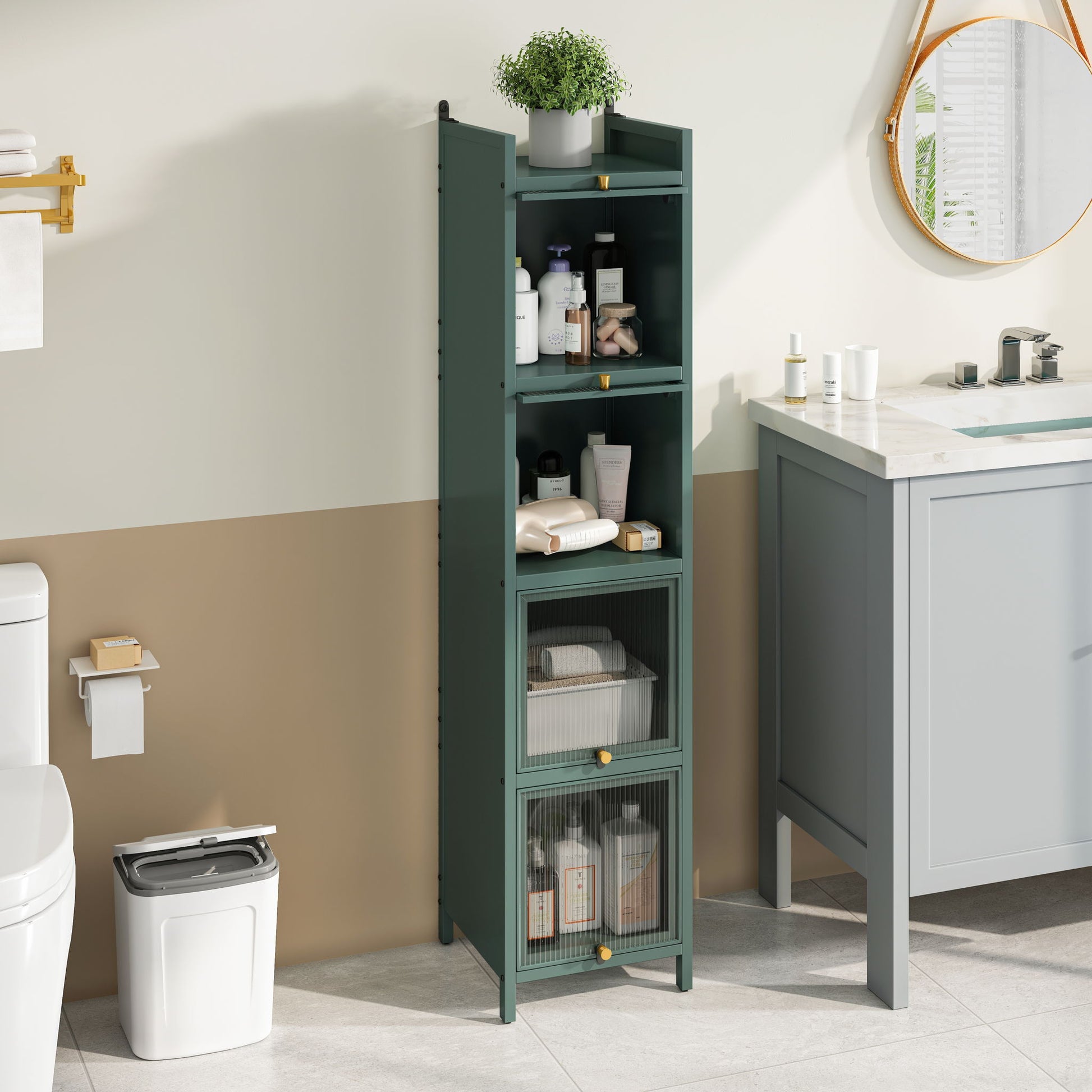 Glass Door Cabinet With Tier Storage