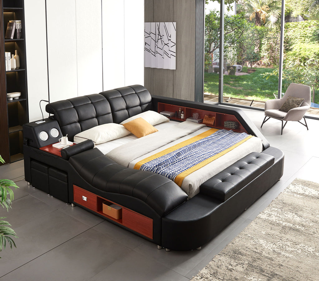 Multifunctional Upholstered Storage Bed Frame, Massage Chaise Lounge On Left