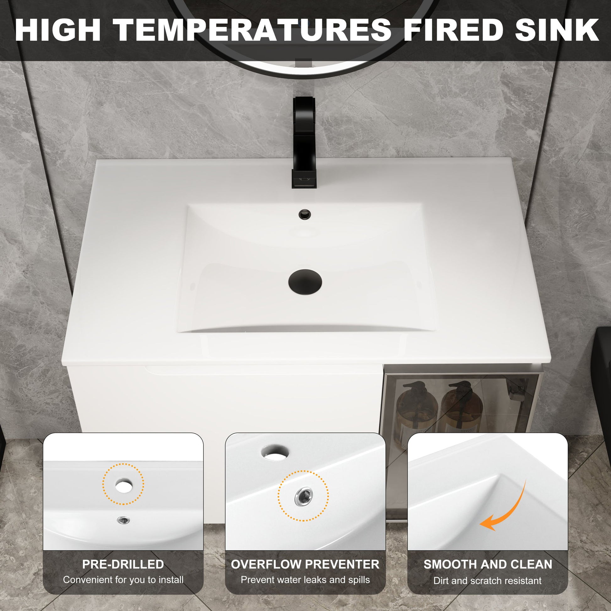 Wall Mounted Bathroom Vanity With Sink, 2 Soft Close Doors, Cabinet & Half Door