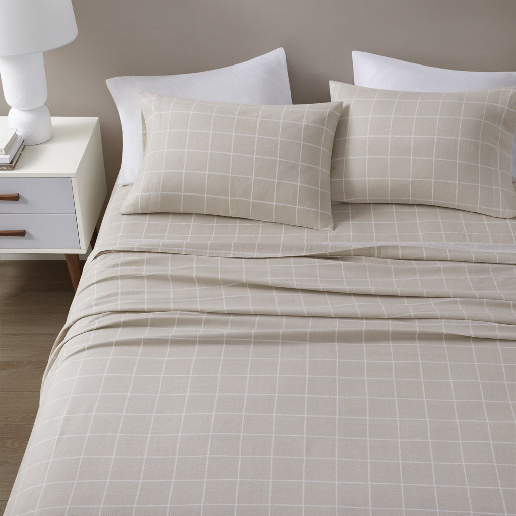 Oversized Cotton Flannel - 4 Piece Queen Sheet Set - Beige Windowpane