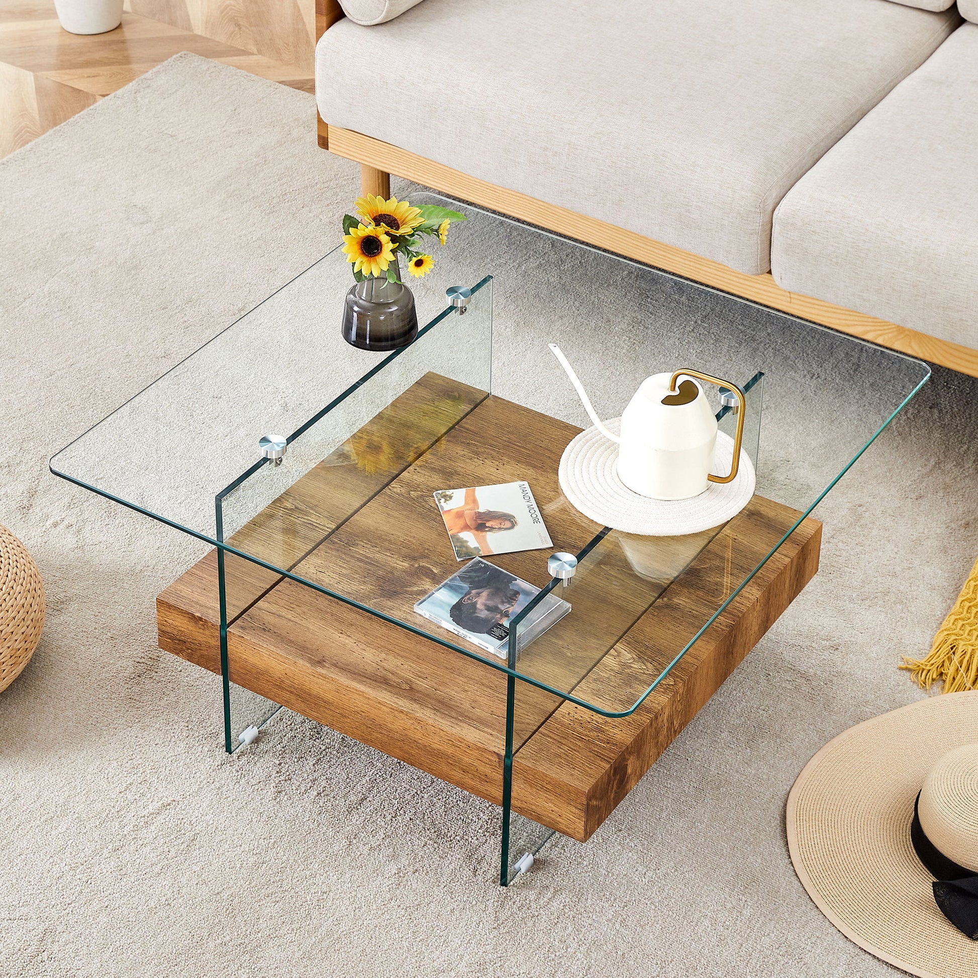 Modern 2 Tier Square Coffee Table, Elegant Marble Pattern