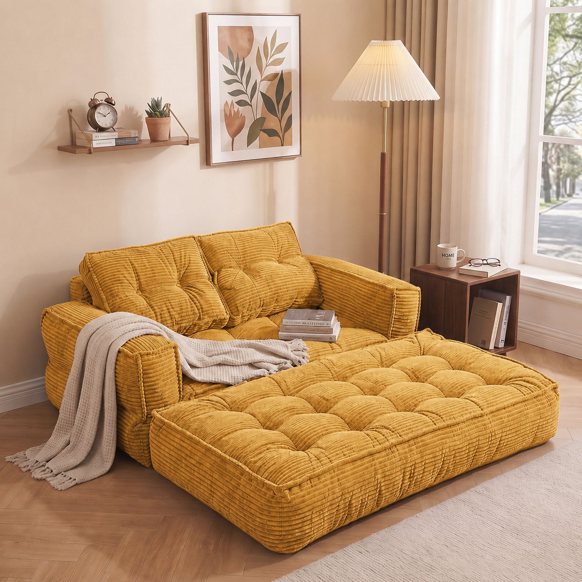 2 Seater Modular Corduroy Sofa With Chaise Lounge For Living Room