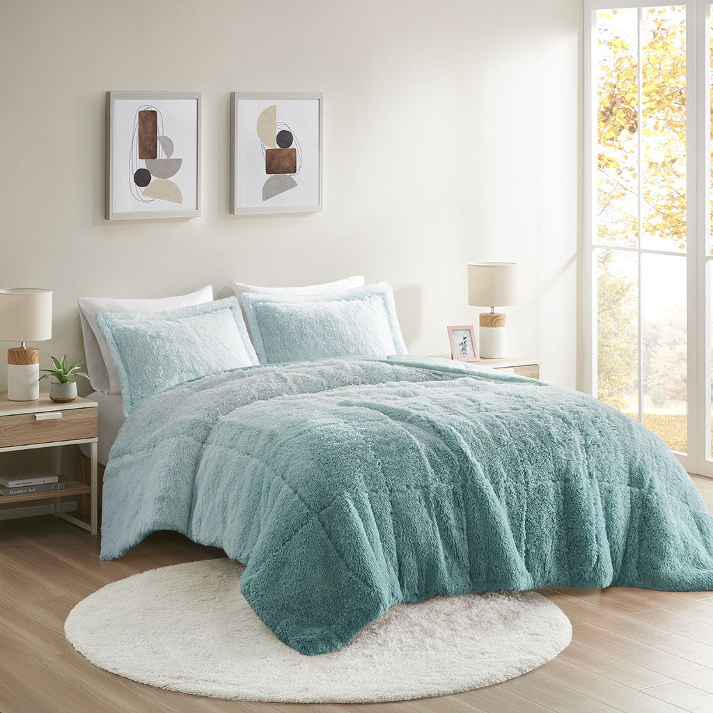 Brielle - Twin Ombre Shaggy Long Comforter Mini Set - Blue