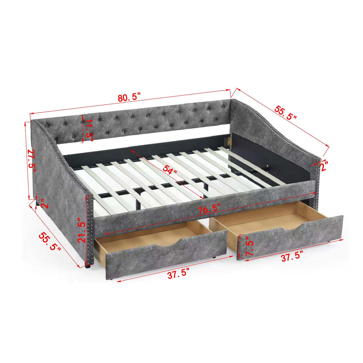Upholstered Tufted Daybed With Drawers, Waved Arms