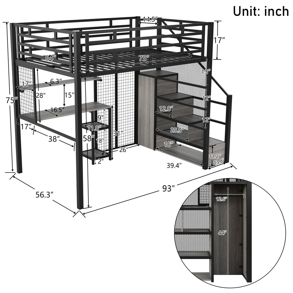 Metal Loft Bed With Wardrobe, Desk, Storage Shelves