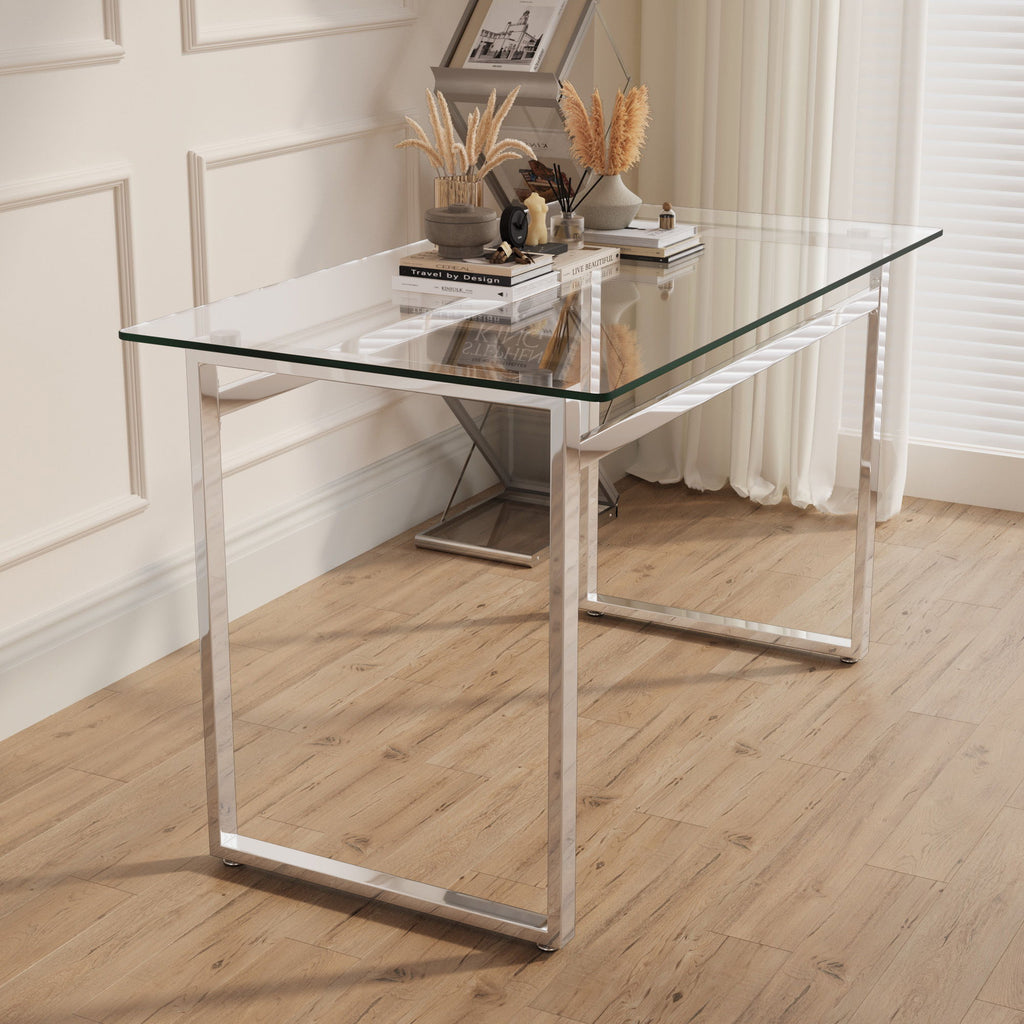 Modern Minimalist Rectangular Dining Table With Tempered Glass Top