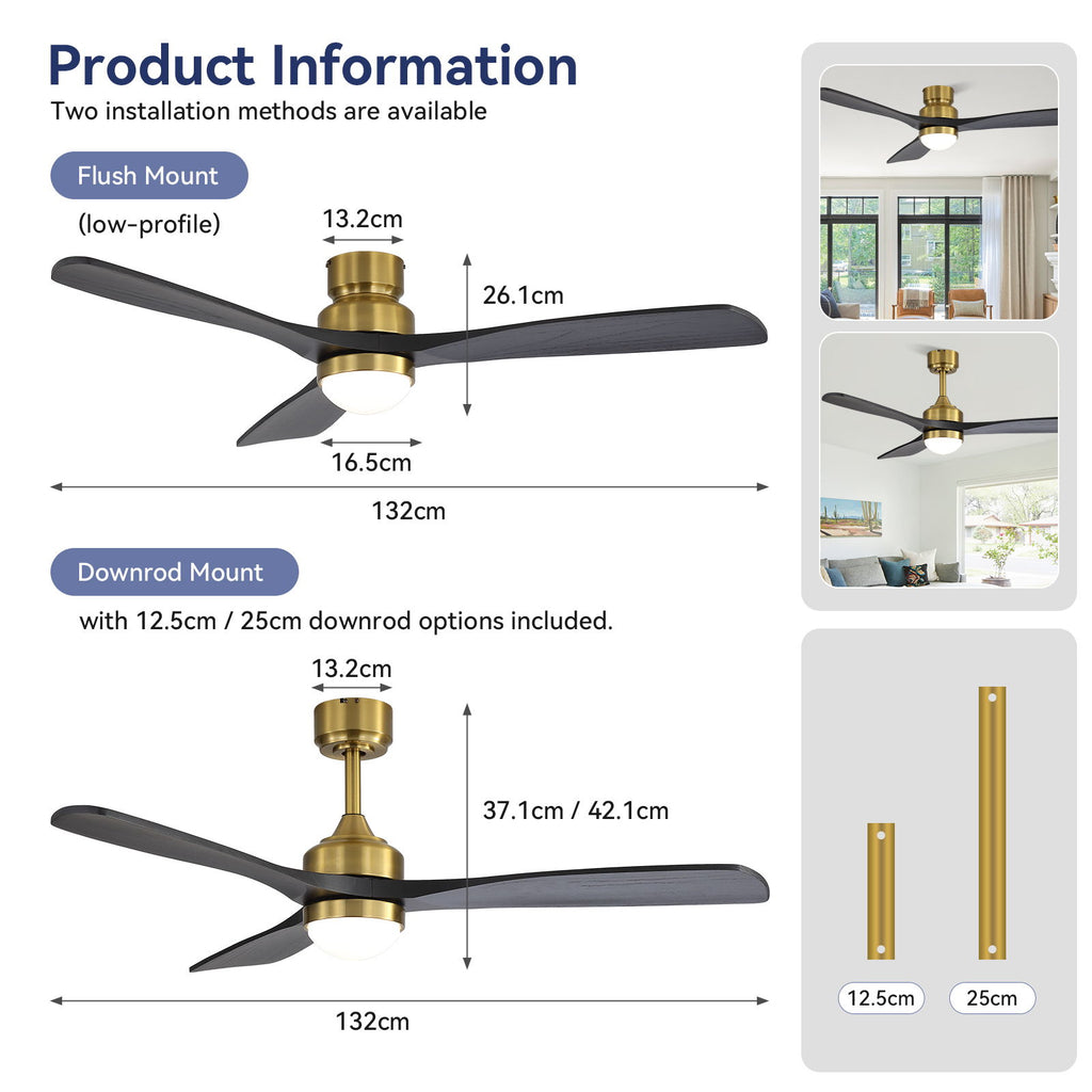 52" Ceiling Fan With Dimmable LED Light, 6 Speed DC Motor, 3 Blades