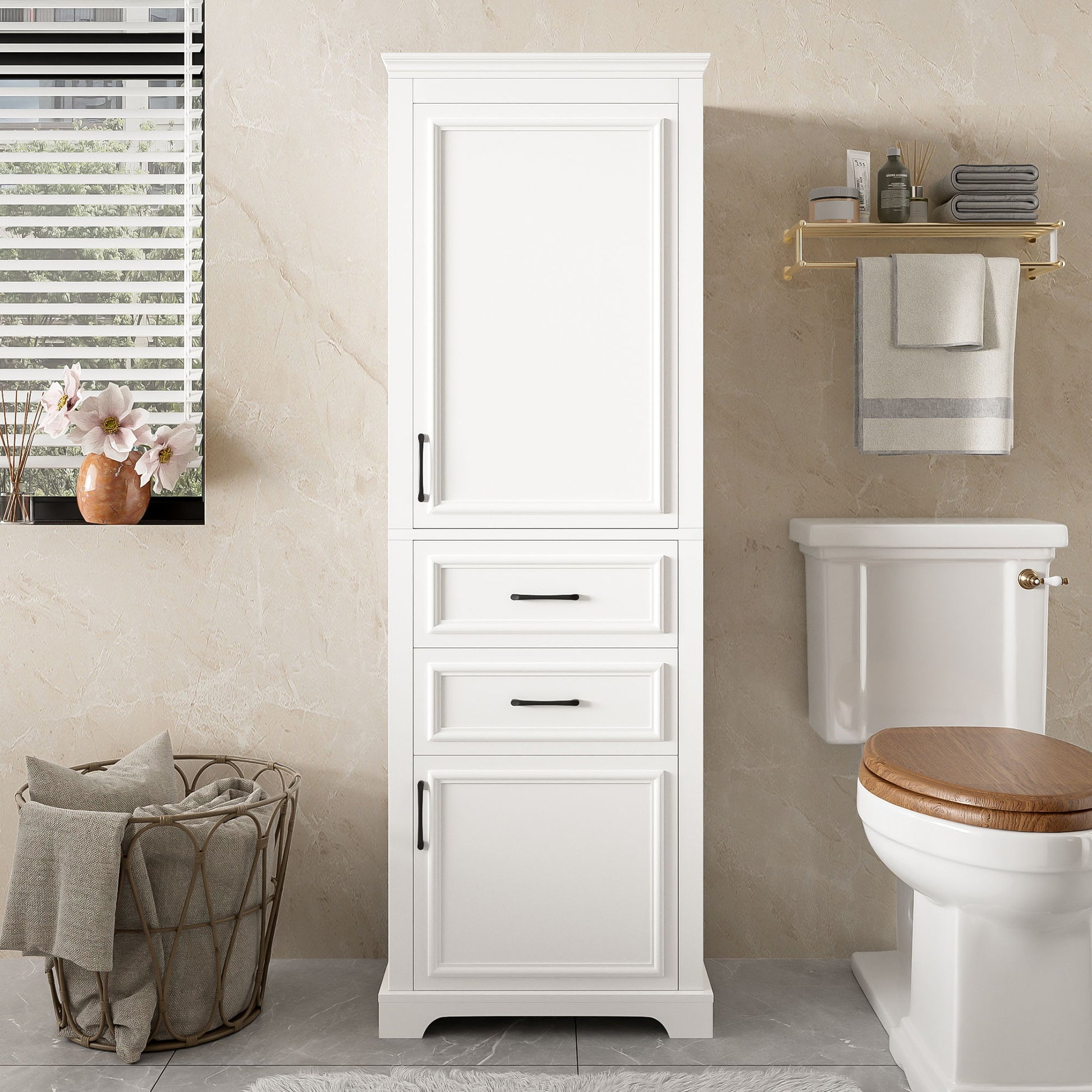 Freestanding Bathroom Vanity Tall With Damping Hinge Doors, Adjustable Shelves - White