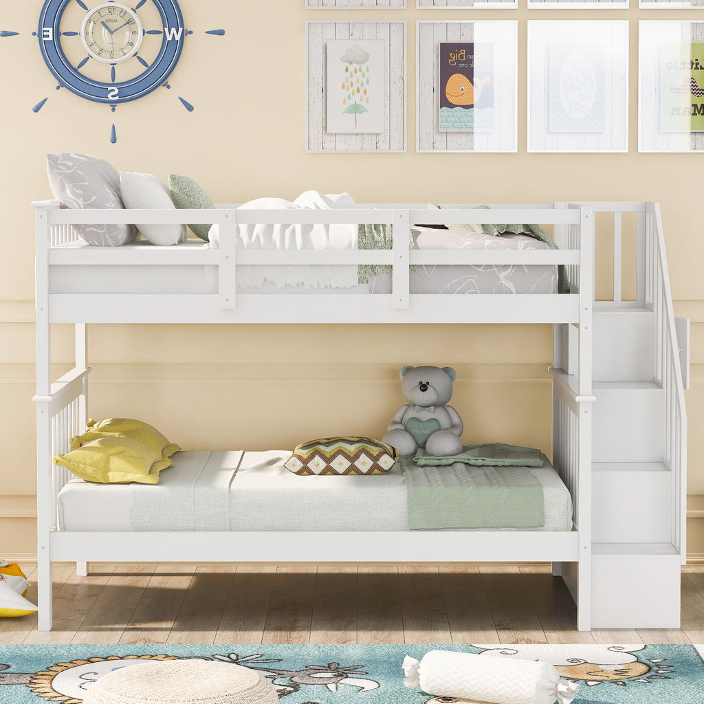 Stairway Bunk Bed With Storage And Guard Rail For Bedroom