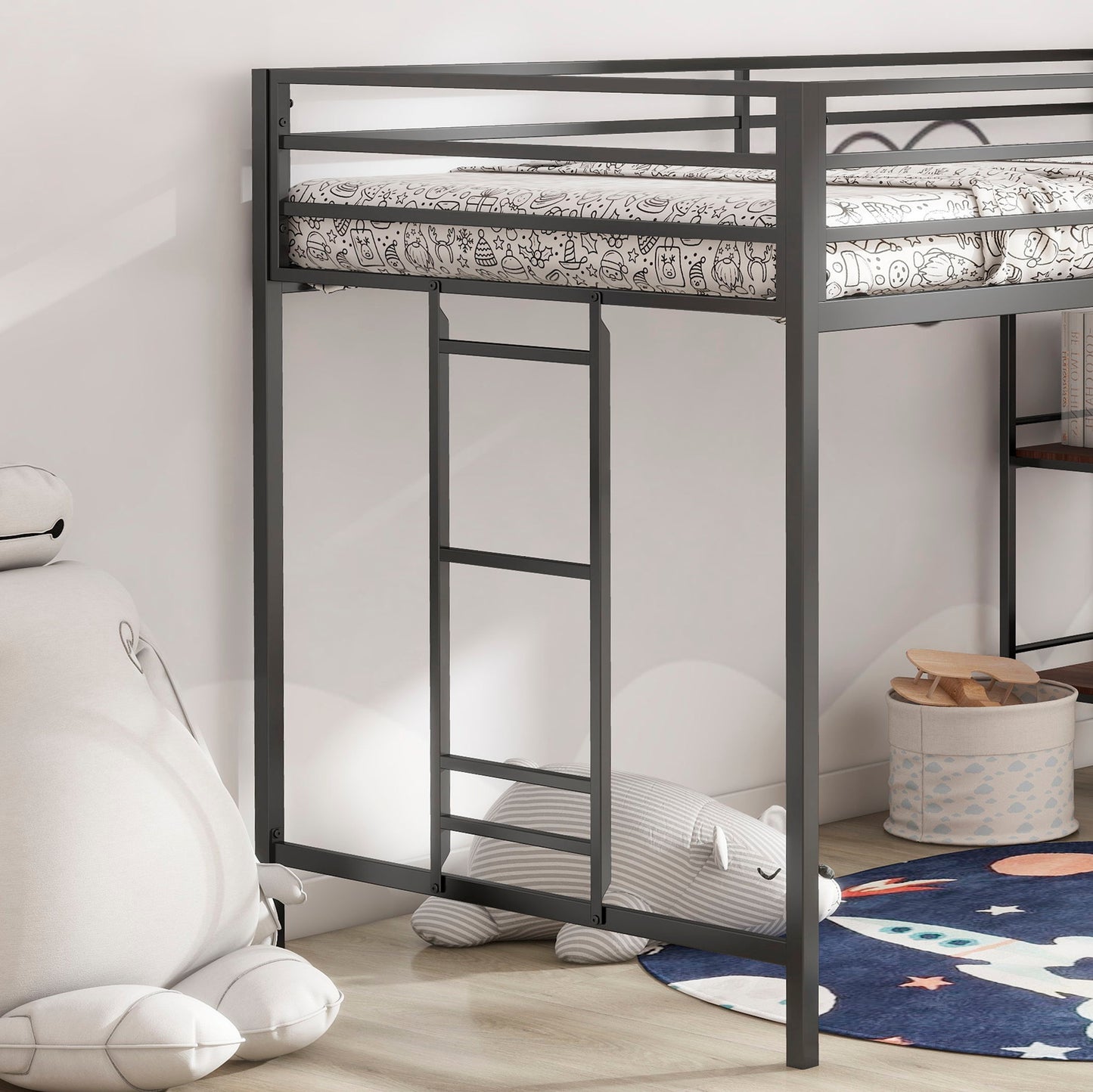 Adam - Junior Twin Loft Bunk Bed - Black With Cinnamon Wood Shelf