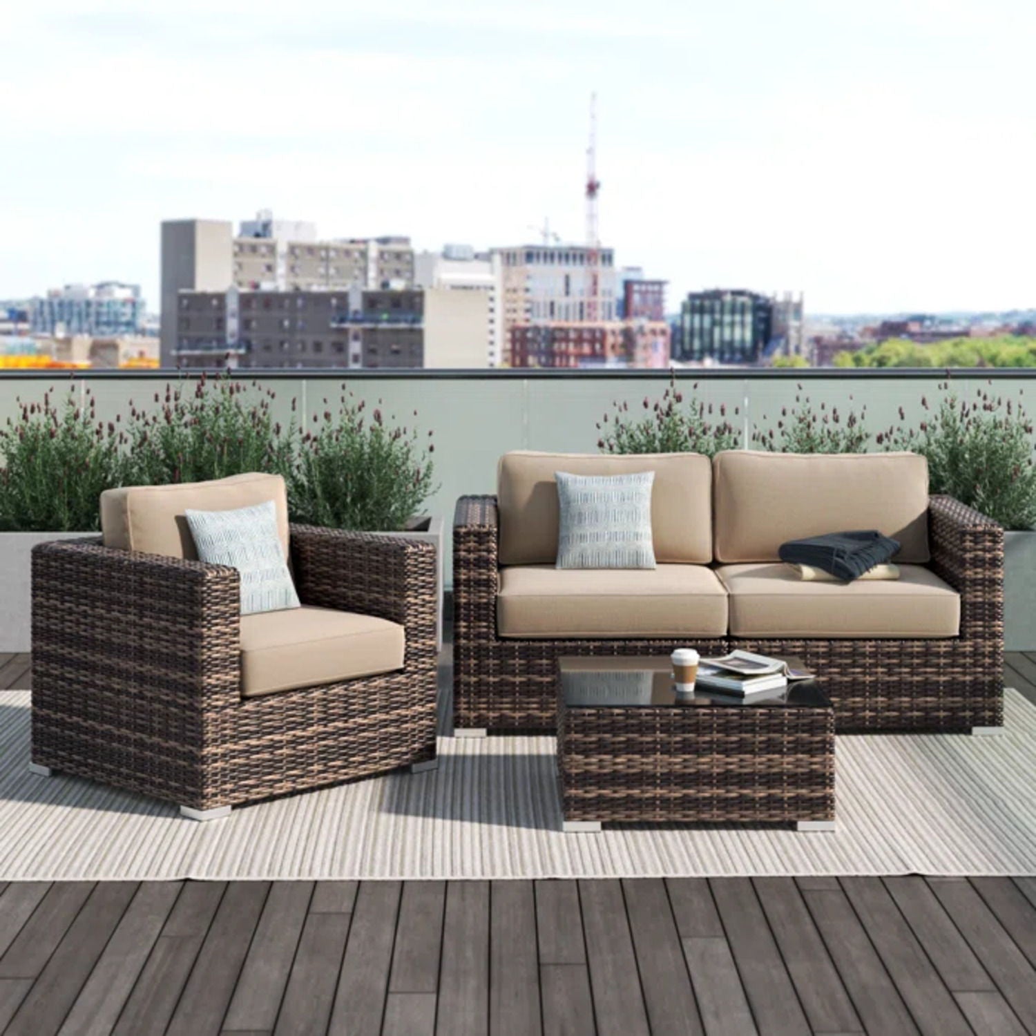 Modern Style Hdpe Wicker Seating Group With Cushions For 3 People In Brown Finish