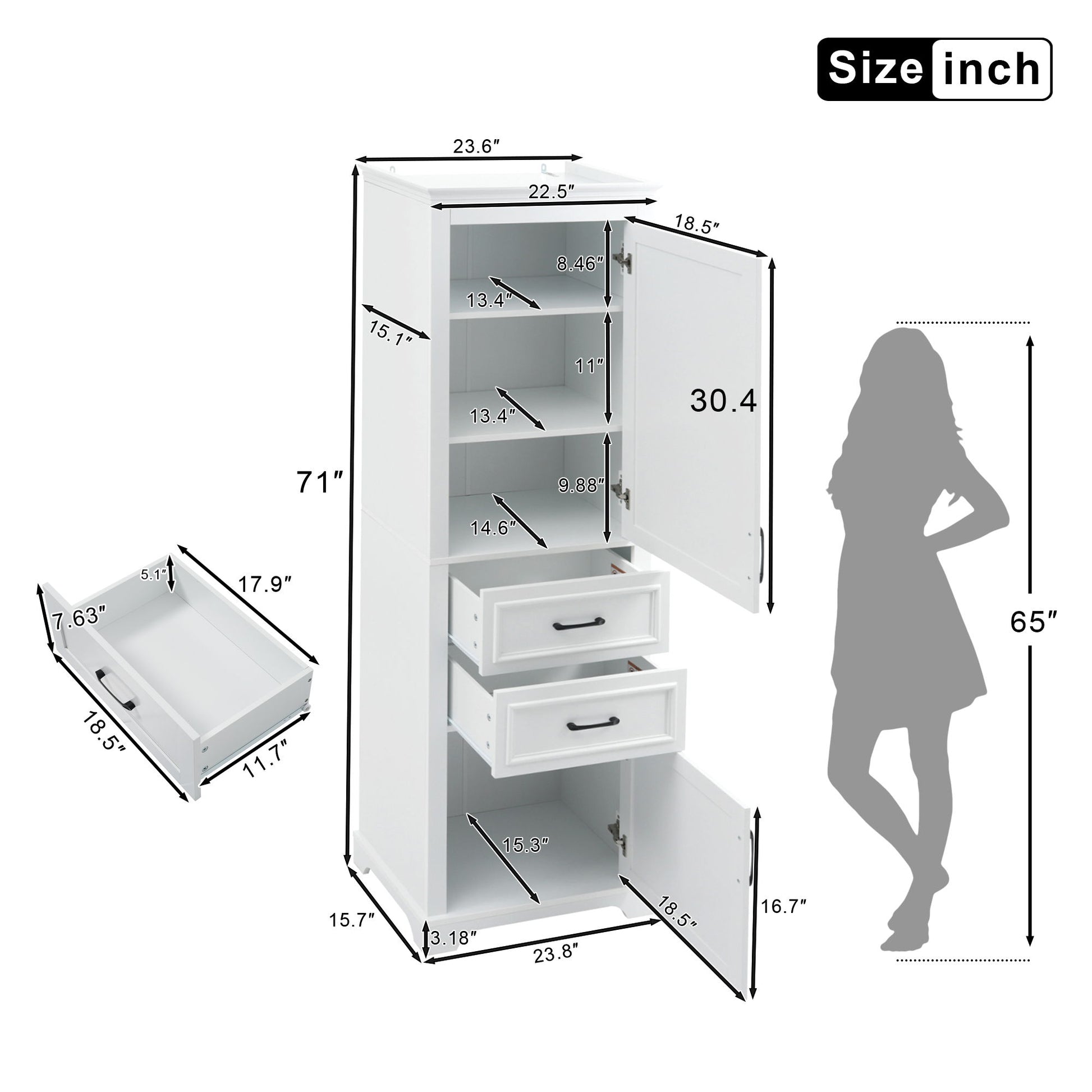 Freestanding Bathroom Vanity Tall With Damping Hinge Doors, Adjustable Shelves - White