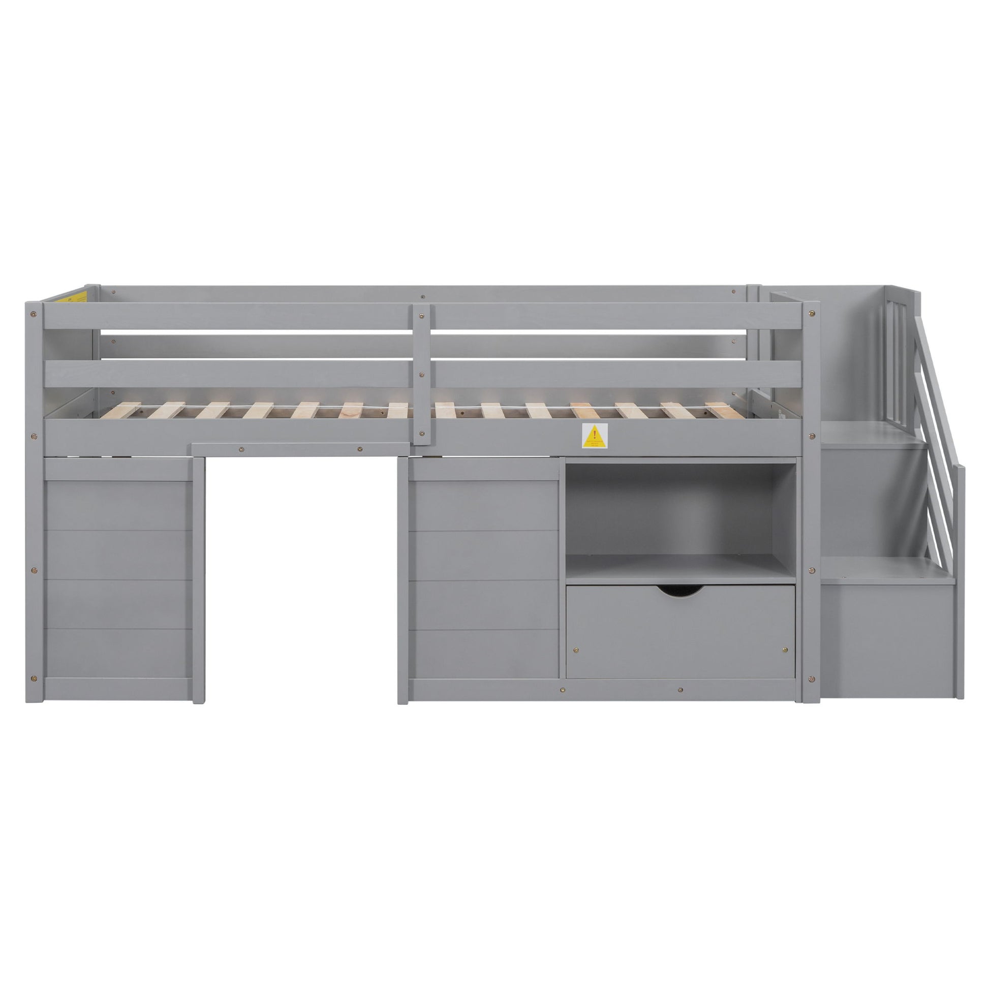 Low Loft Bed With Stair, Drawer, And Shelf