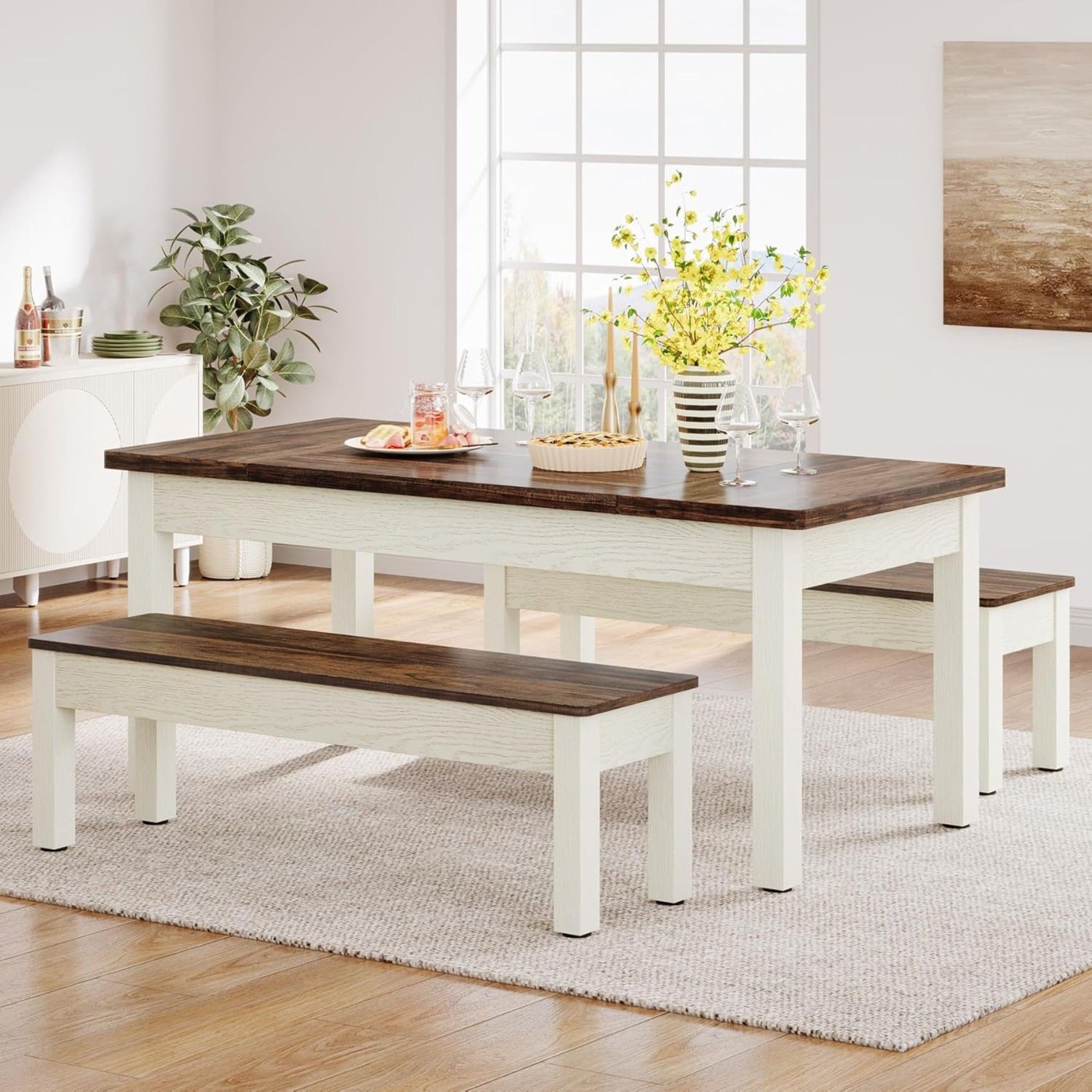 Dining Table Set For 4 - 6 With 2 Tuck Under Benches - Brown / White