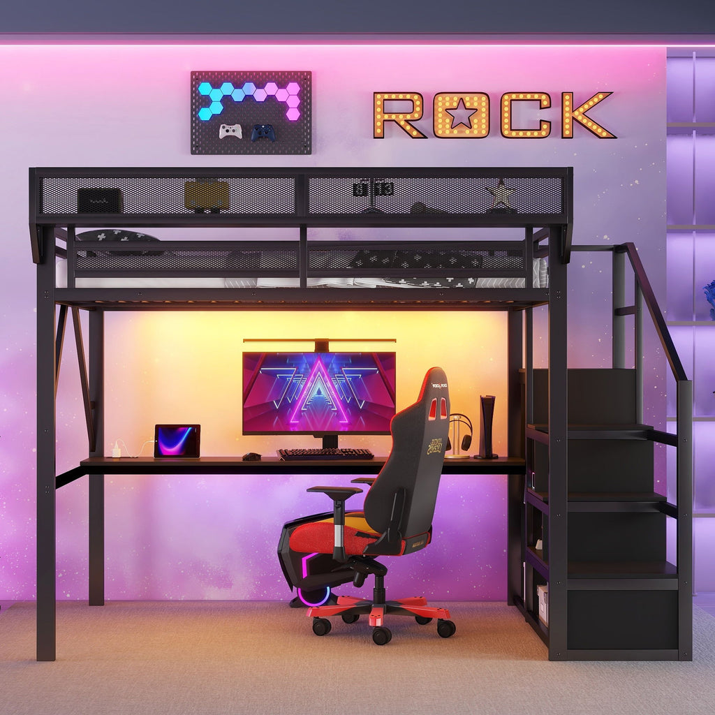 Full Loft Bed With Desk And Charging Station Stairs And Light - Black