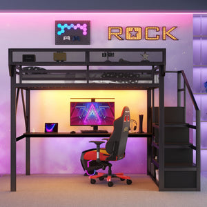 Full Loft Bed With Desk And Charging Station Stairs And Light - Black