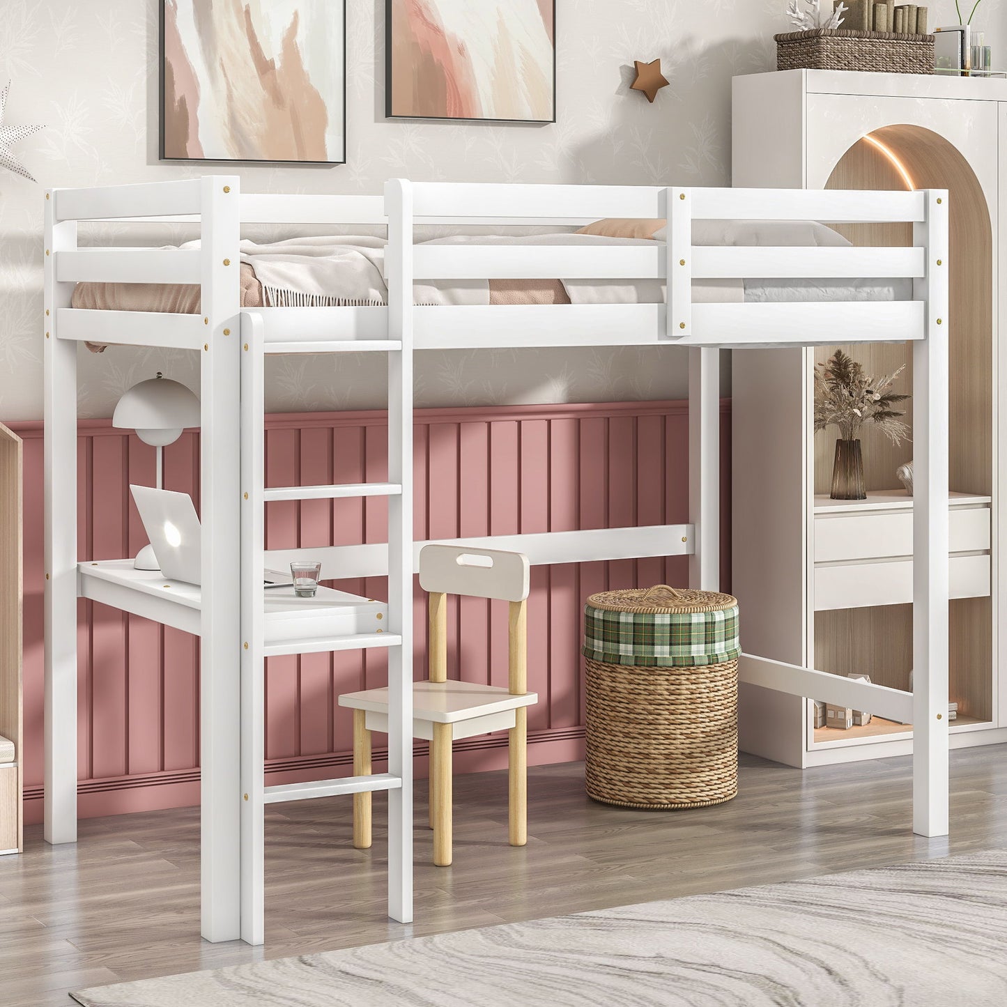 Twin Loft Bed With Built-In Desk - White