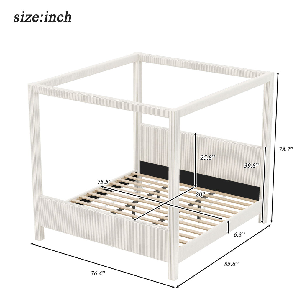 Upholstered Canopy Platform Bed With Headboard And Footboard, Vertical Ribbed Design
