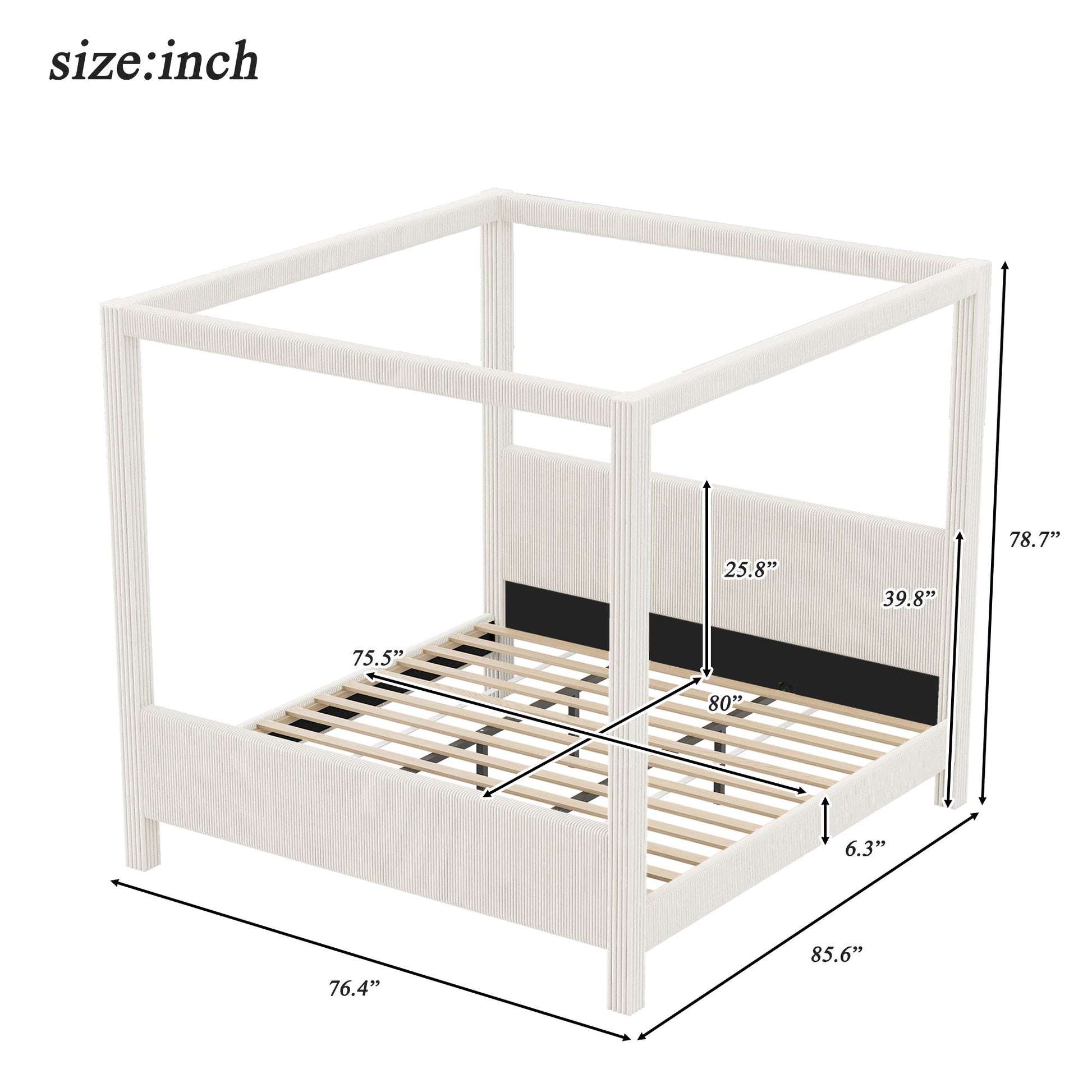 Upholstered Canopy Platform Bed With Headboard And Footboard, Vertical Ribbed Design