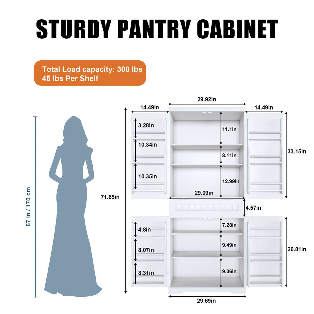 Farmhouse Style Pantry Cabinet With Drawer 2 Cabinets & 6 Door Shelves Adjustable Shelves Freestanding Cupboard - White