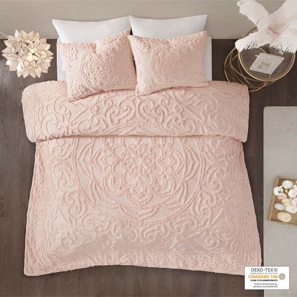 Laetitia - King 3 Piece Tufted Medallion Duvet Cover Set - Blush