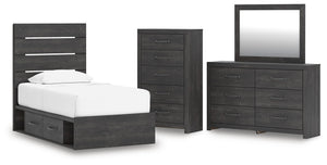 Hollivern - 4 Pc. - Twin Panel Storage Bed, Dresser, Mirror And Chest - Dark Gray