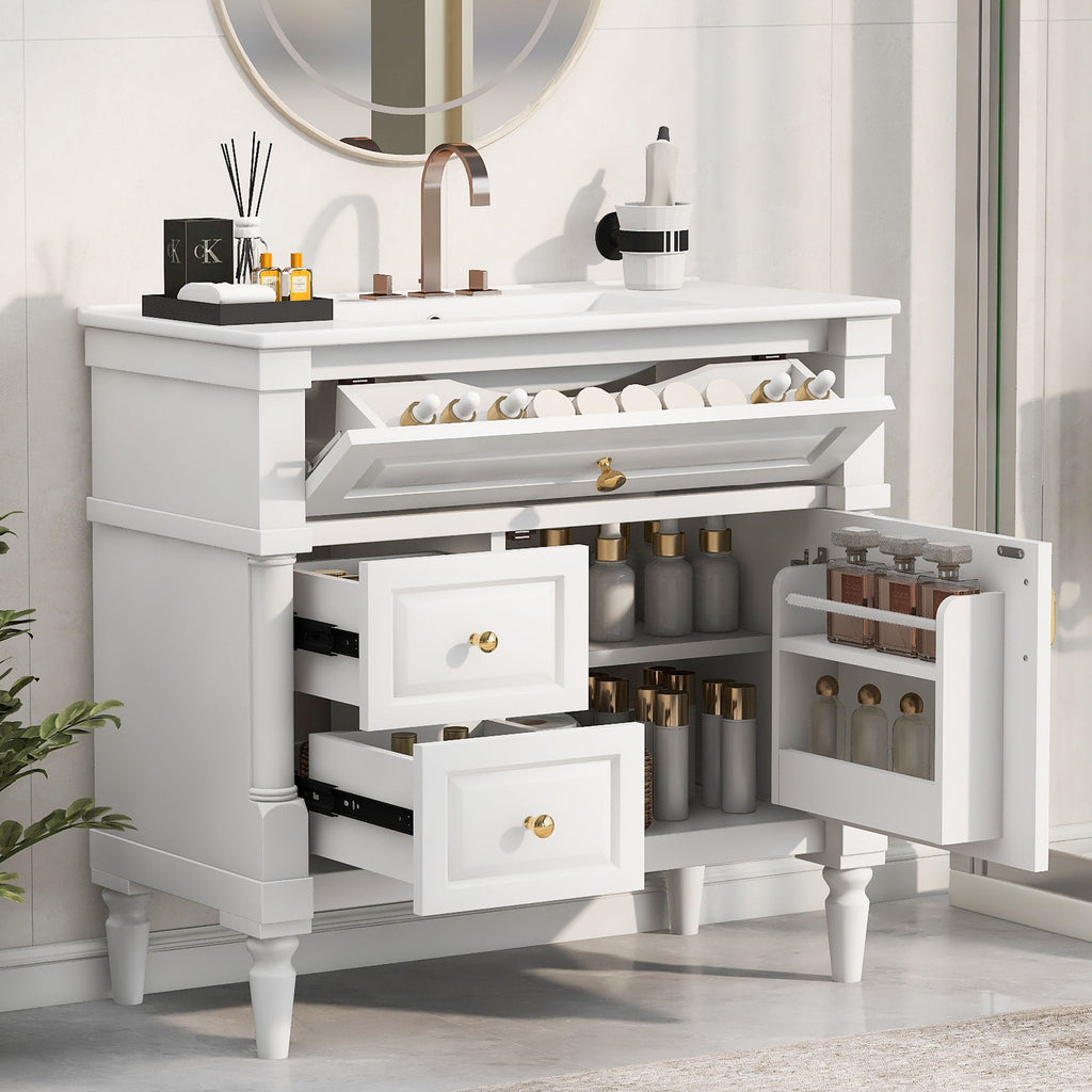 Freestanding Bathroom Vanity With Sink, Adjustable Shelf, Flip Drawer