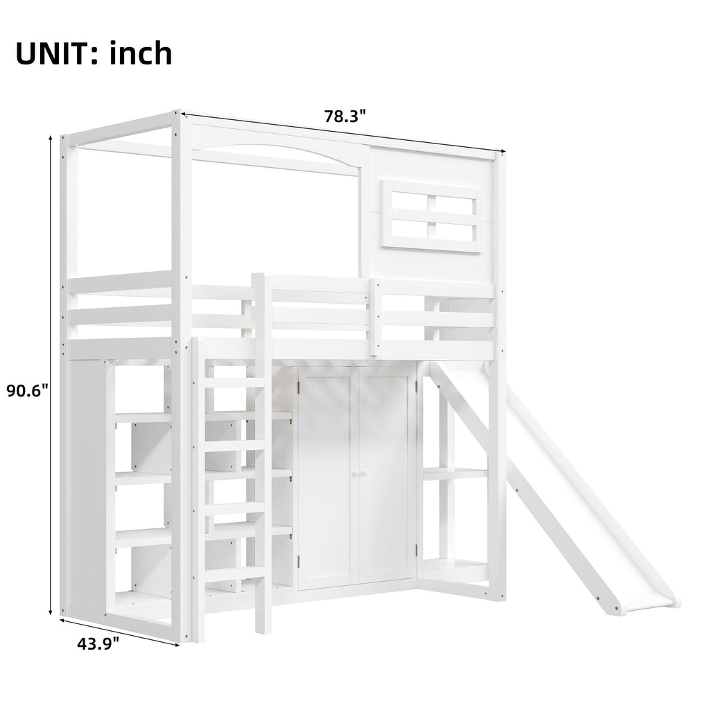Twin Size Loft Bed With Wardrobe, Storage Shelves, Slide And LED - White