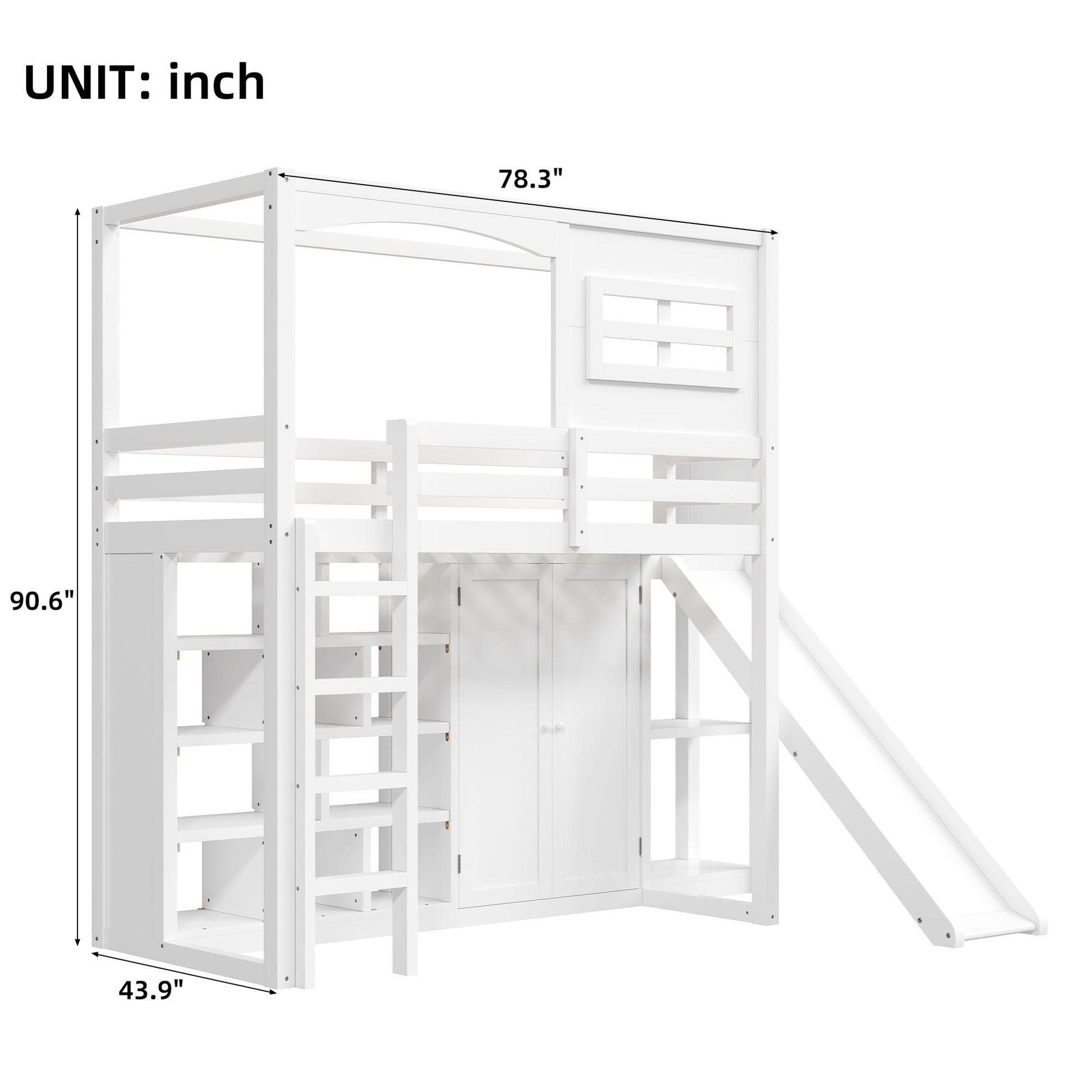 Twin Size Loft Bed With Wardrobe, Storage Shelves, Slide And LED - White