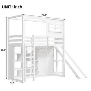 Twin Size Loft Bed With Wardrobe, Storage Shelves, Slide And LED - White