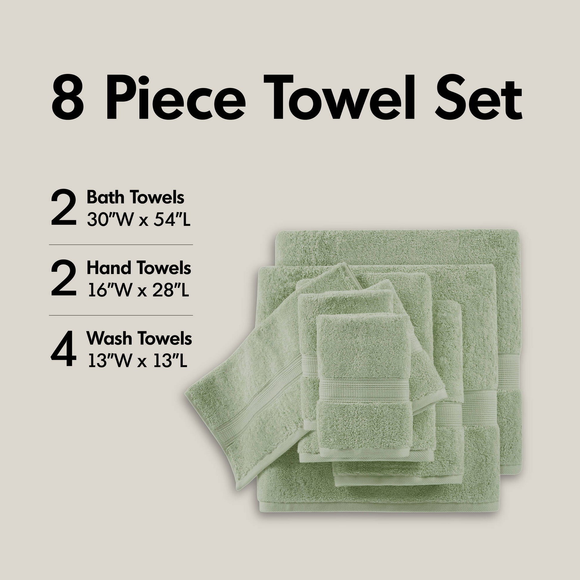 800GSM - 8 Piece Antimicrobial Towel Set - Sage Green