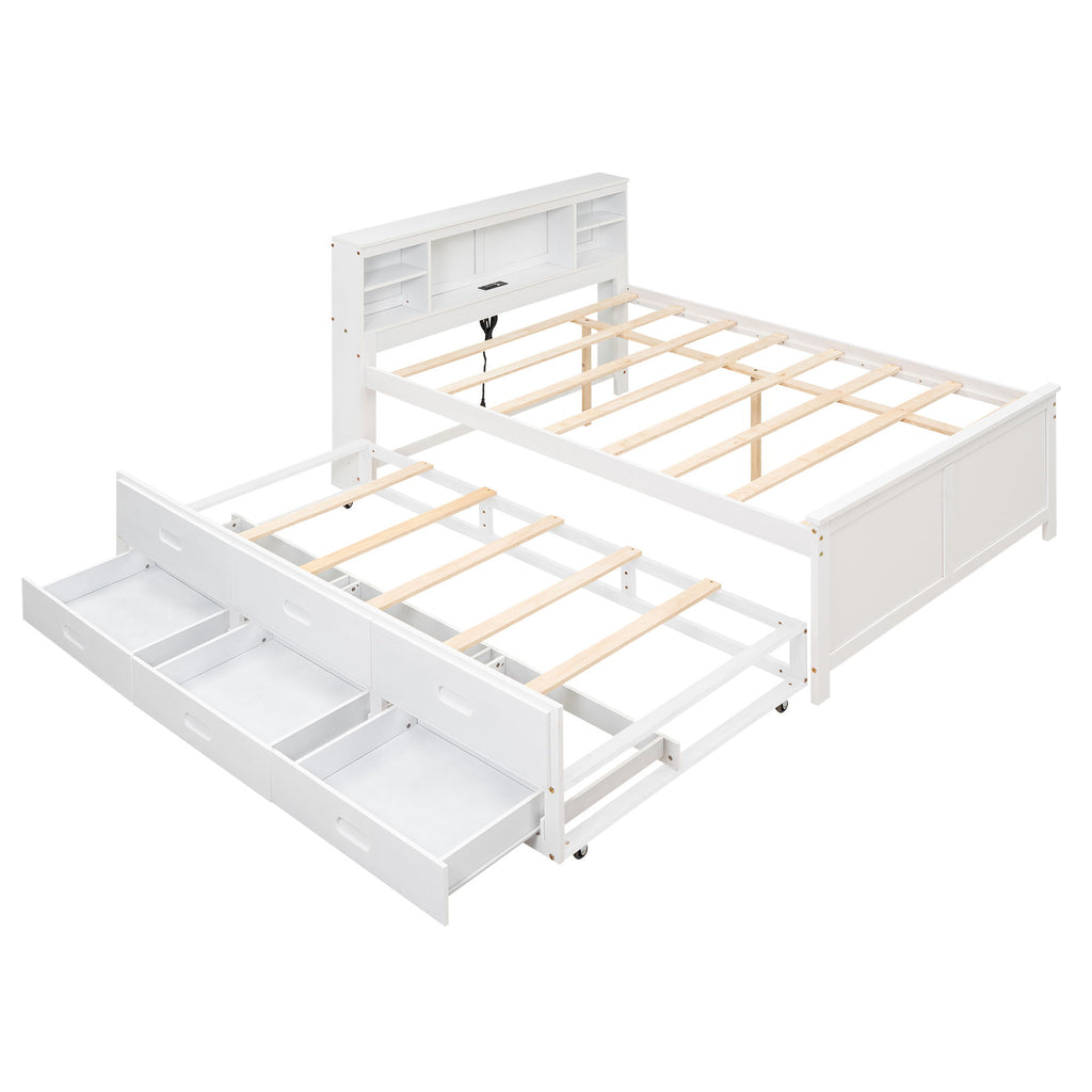 Platform Bed With Storage Headboard, USB, Trundle And 3 Drawers