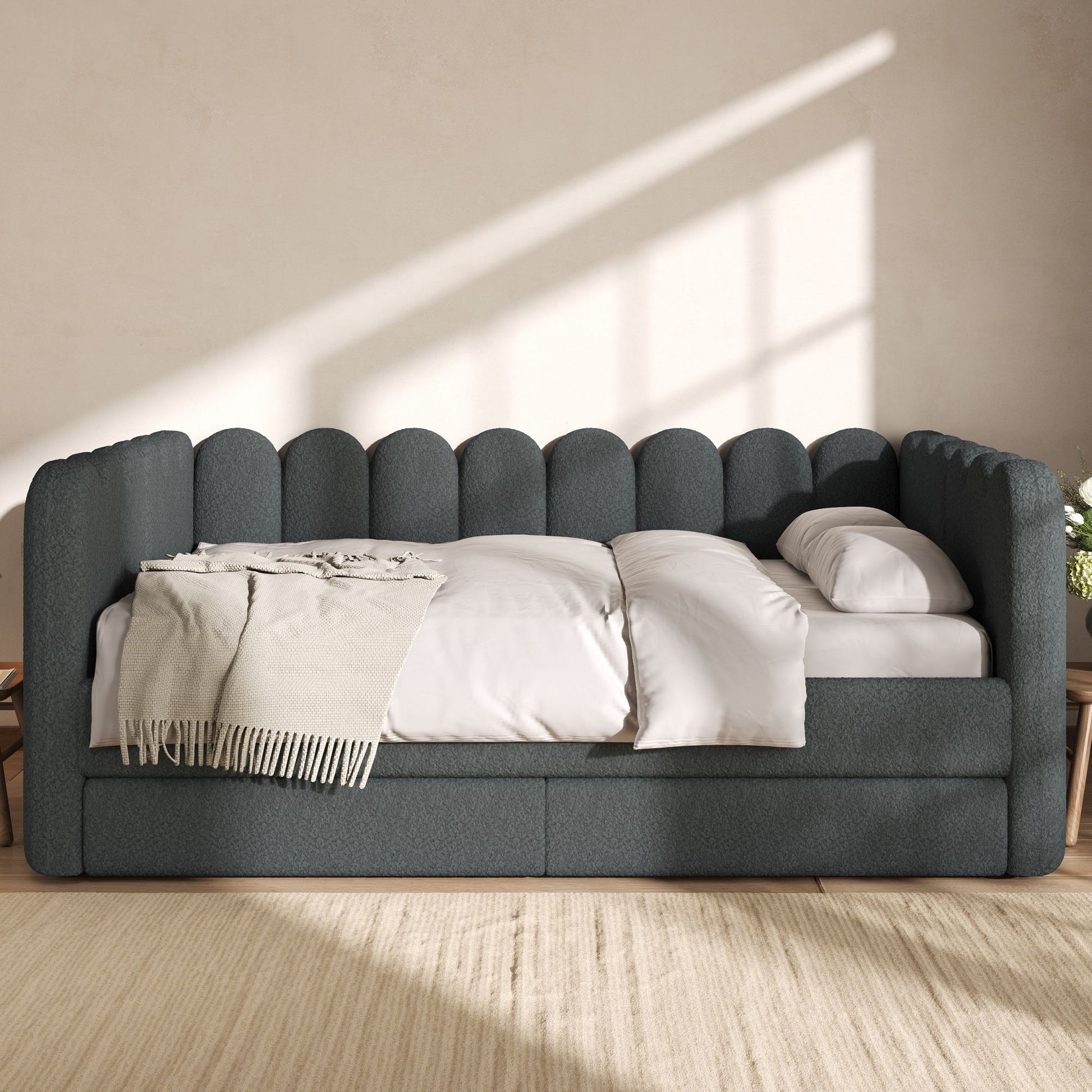 Upholstered Daybed With Curved Ribbed Panel Design