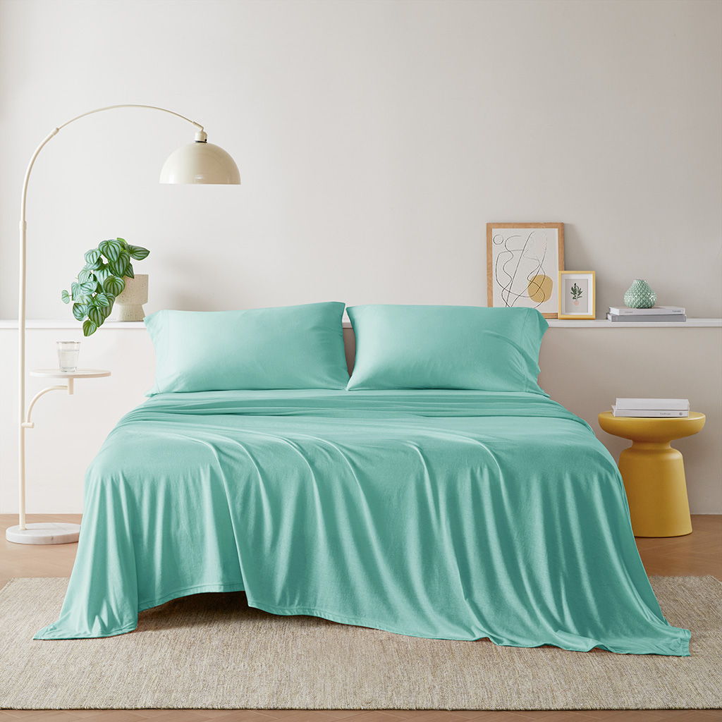 Cotton Blend Jersey Knit - Queen All Season Sheet Set - Aqua