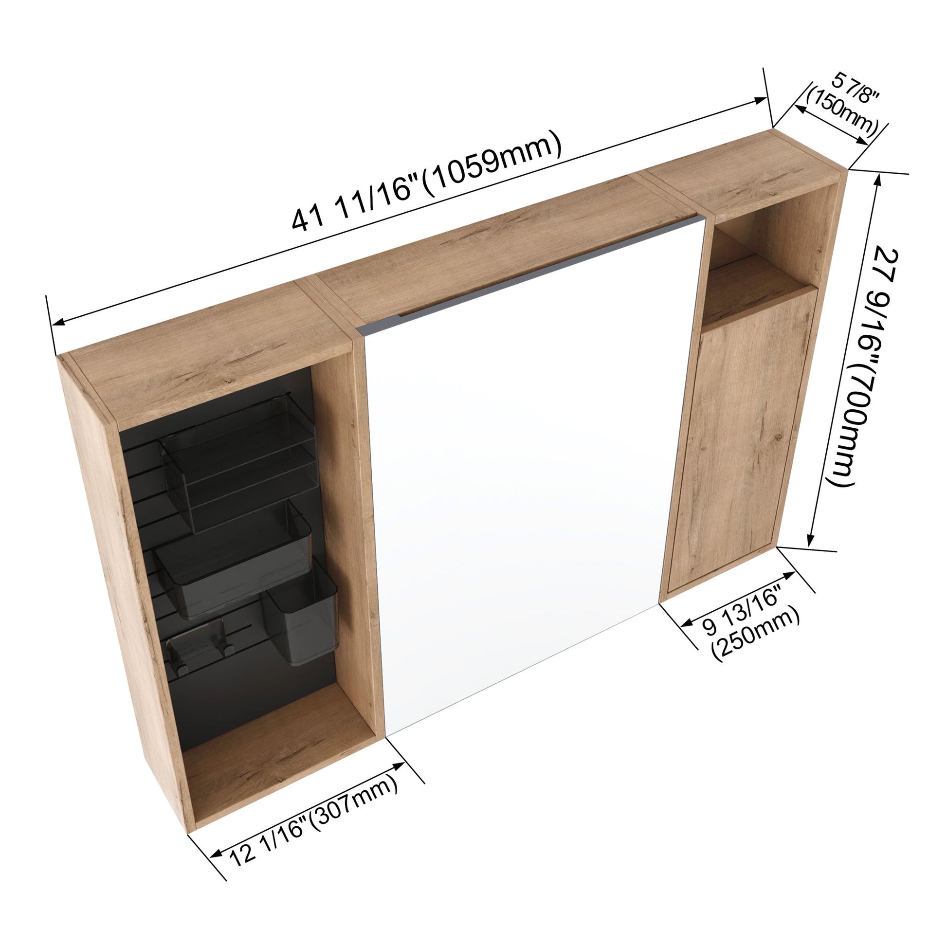 Wall Mounted Bathroom Mirror Cabinet With Soft Close Door, Storage Cabinet - Imitative Oak