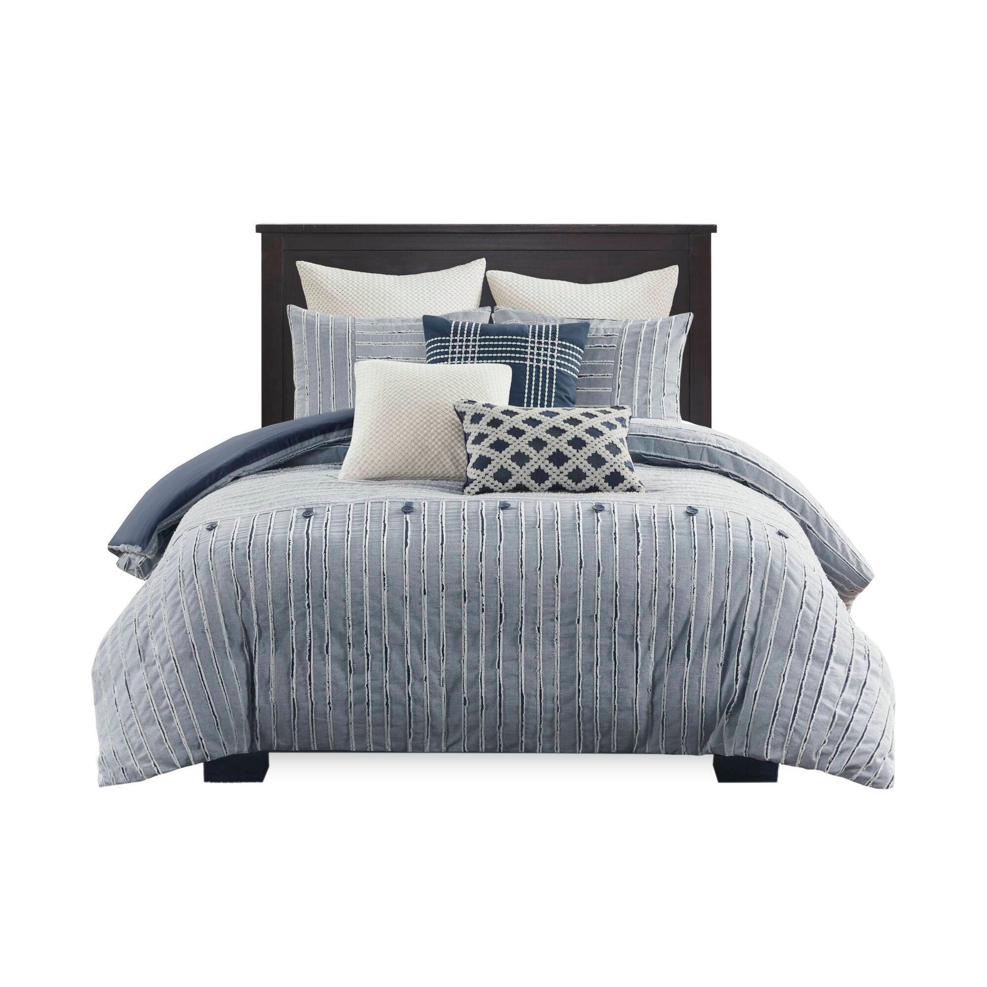 Essence - Oversized Cotton Clipped Jacquard Comforter Set With Euro Shams and Throw Pillows - Blue